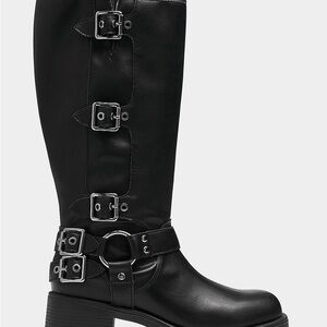 Women's Black Leather Buckle Boots